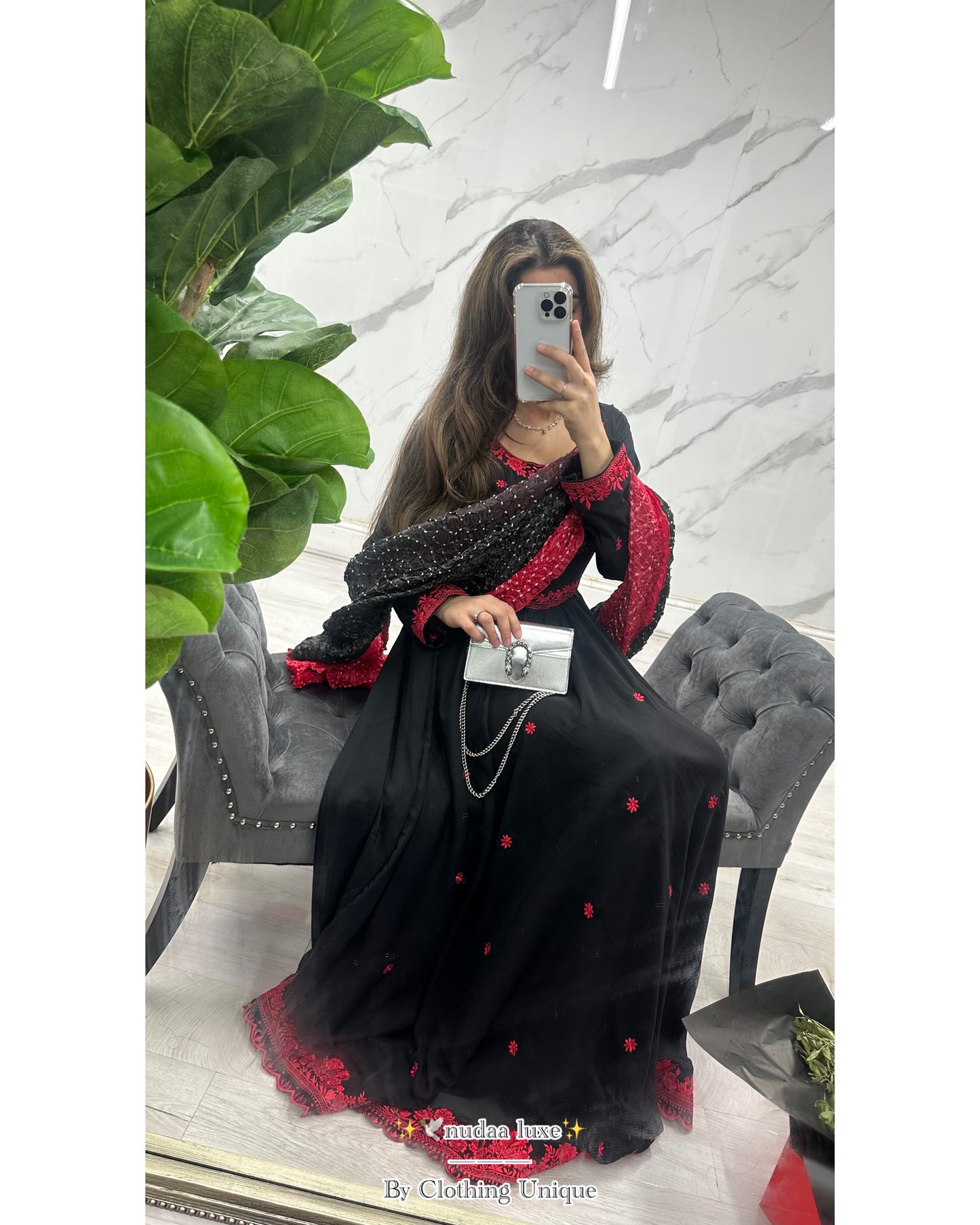 Nudaa❤️black & crimson Georgette ensemble